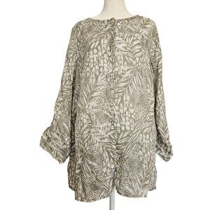 Christian Siriano 100% Linen Women's Tunic SZ 1X Sage Leaves Tropical Blouse Top